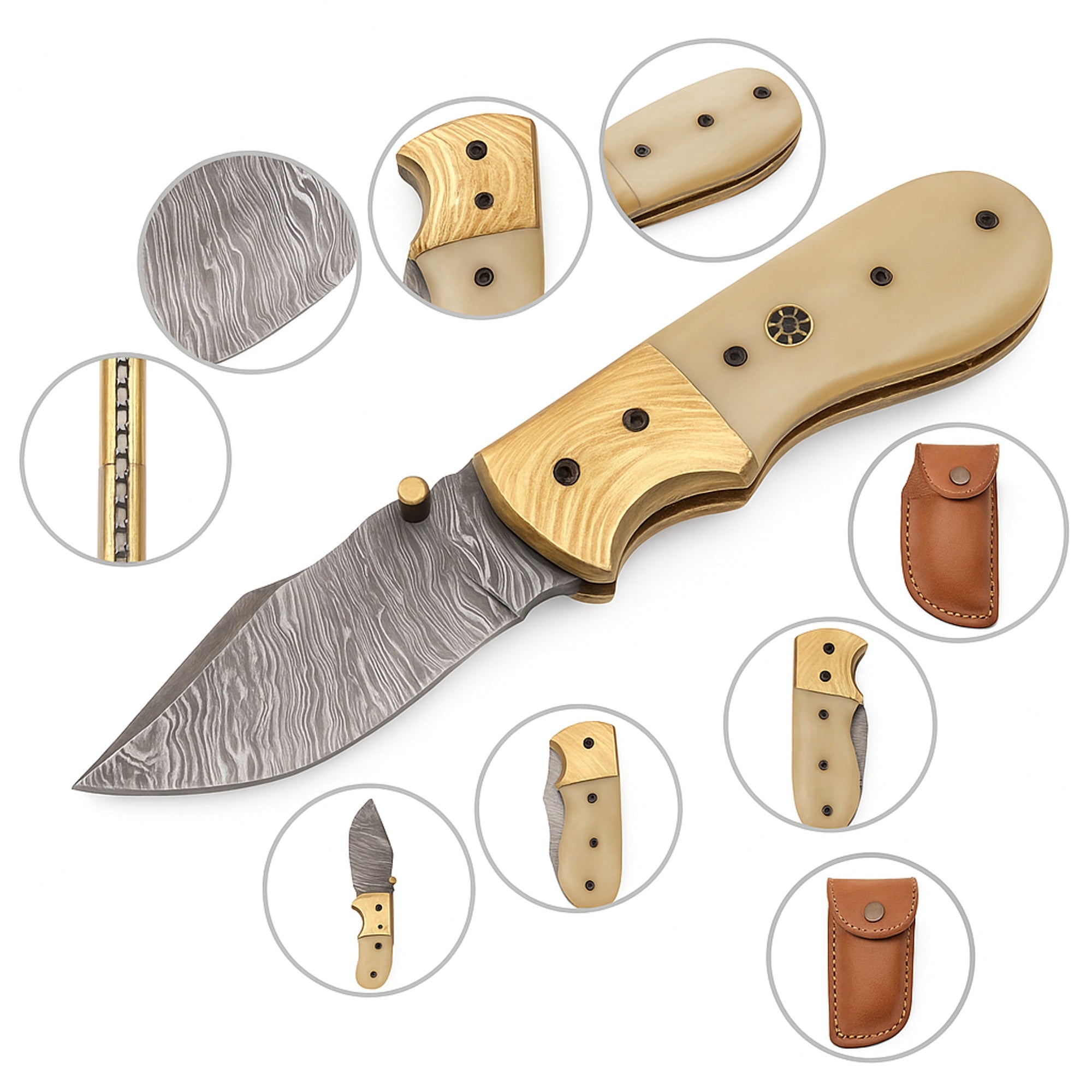 Folding Pocket Knife, 171 mm Damascus Steel, Bone-Handled with Leather Sheath | Knife | Toolsmith Ltd UK