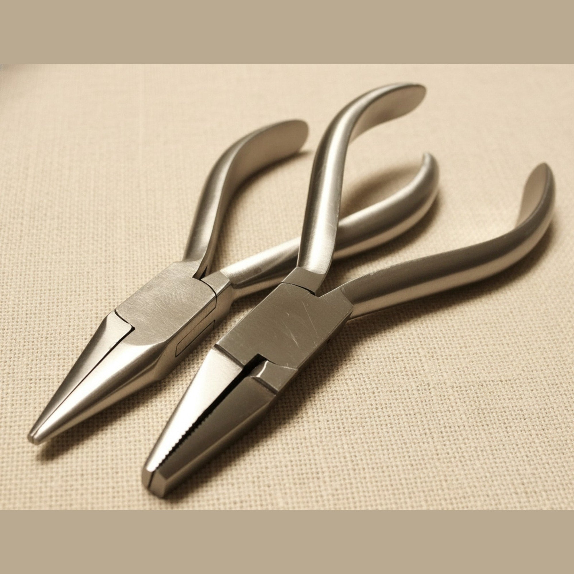 A pair of stainless steel orthodontic pliers, one with half-round/flat jaws and one with chain nose jaws, shown side-by-side on a white background.