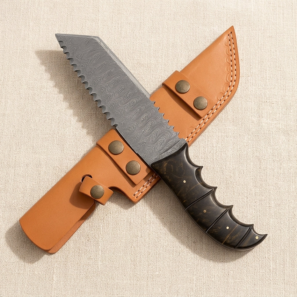 Damascus Steel Tracker Knife (8-inch Blade) with Ram Horn Handle and Leather Sheath | Knives | Toolsmith Ltd UK