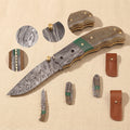 Ram Horn Handled Folding Knife with 76mm Fire Pattern Damascus Blade and Sheath | Folding Knife | Toolsmith Ltd UK
