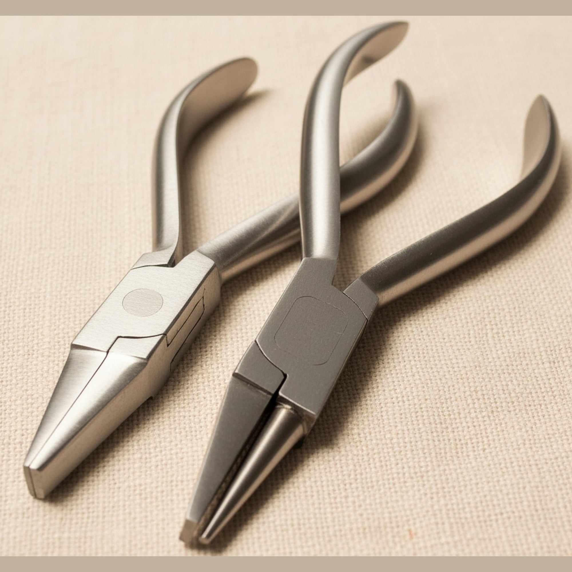 Set of two 14 cm stainless steel orthodontic pliers: one round/flat nose and one flat nose, shown side-by-side on a white background.