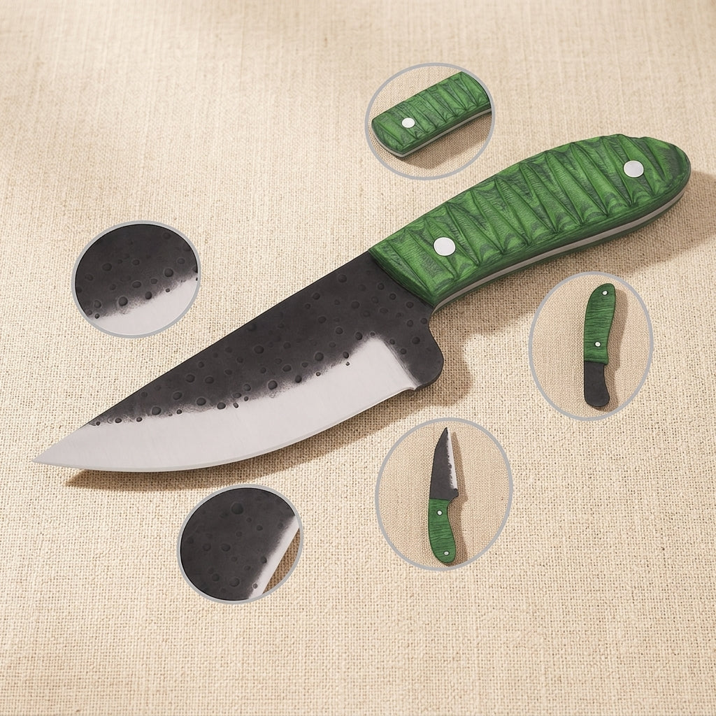 Forged D2 Steel Skinner Knife, 114mm Textured Blade, with Green Pakkawood Handle and Sheath | Knife | Toolsmith Ltd UK