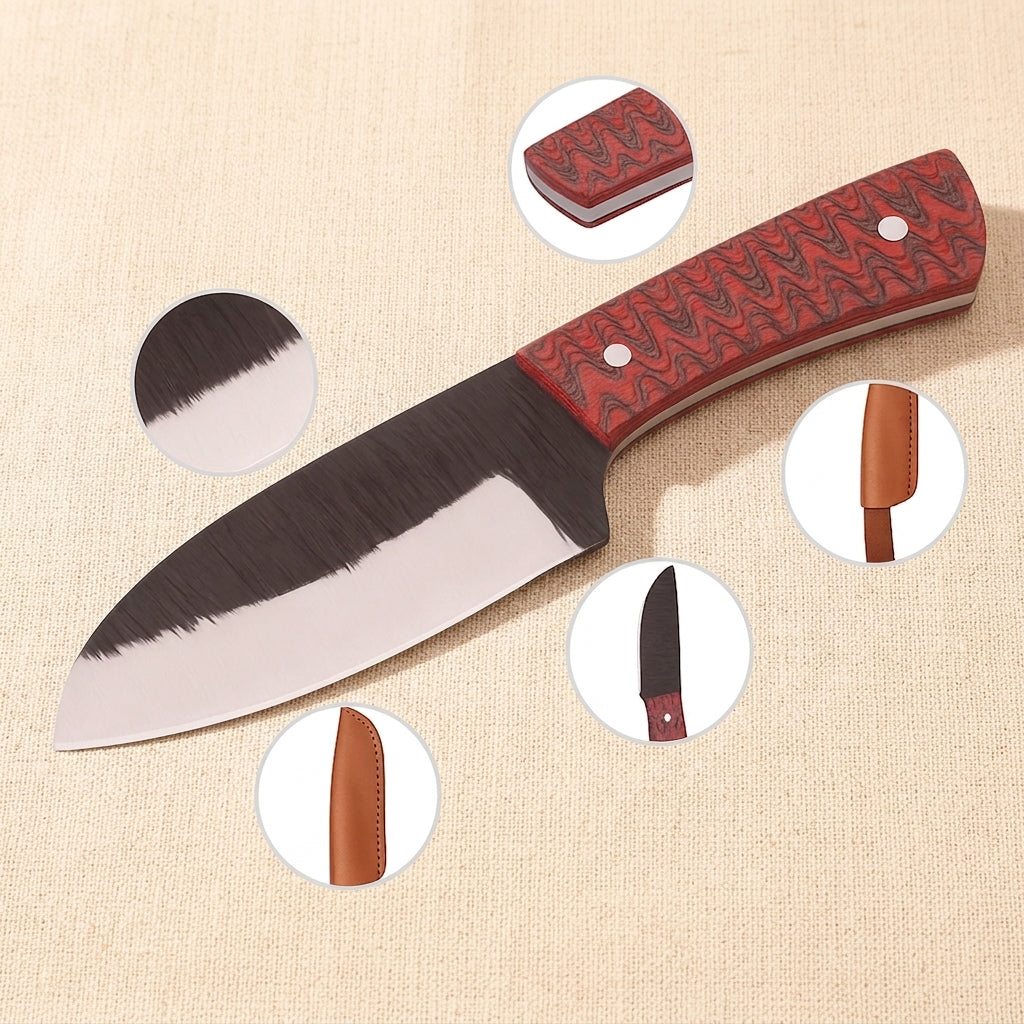 Hand-Forged D2 Steel Skinner Knife with Red Pakkawood Handle and Leather Sheath | Utility Knife | Toolsmith Ltd UK