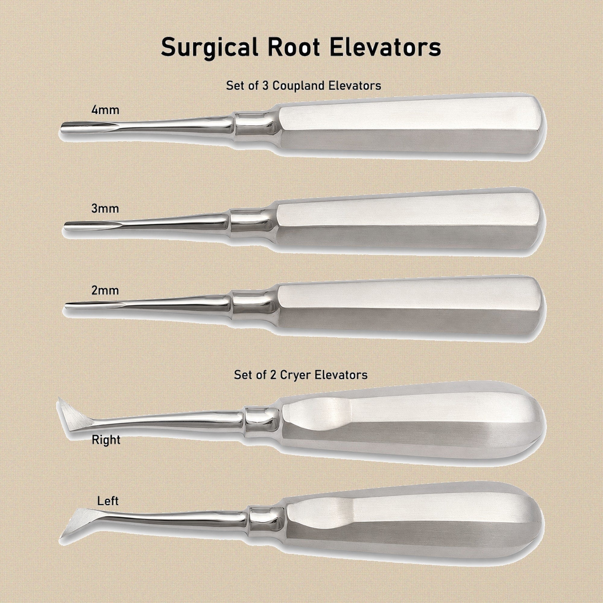 Full set of 5 Coupland and Cryer pattern dental root elevators arranged on a white background.