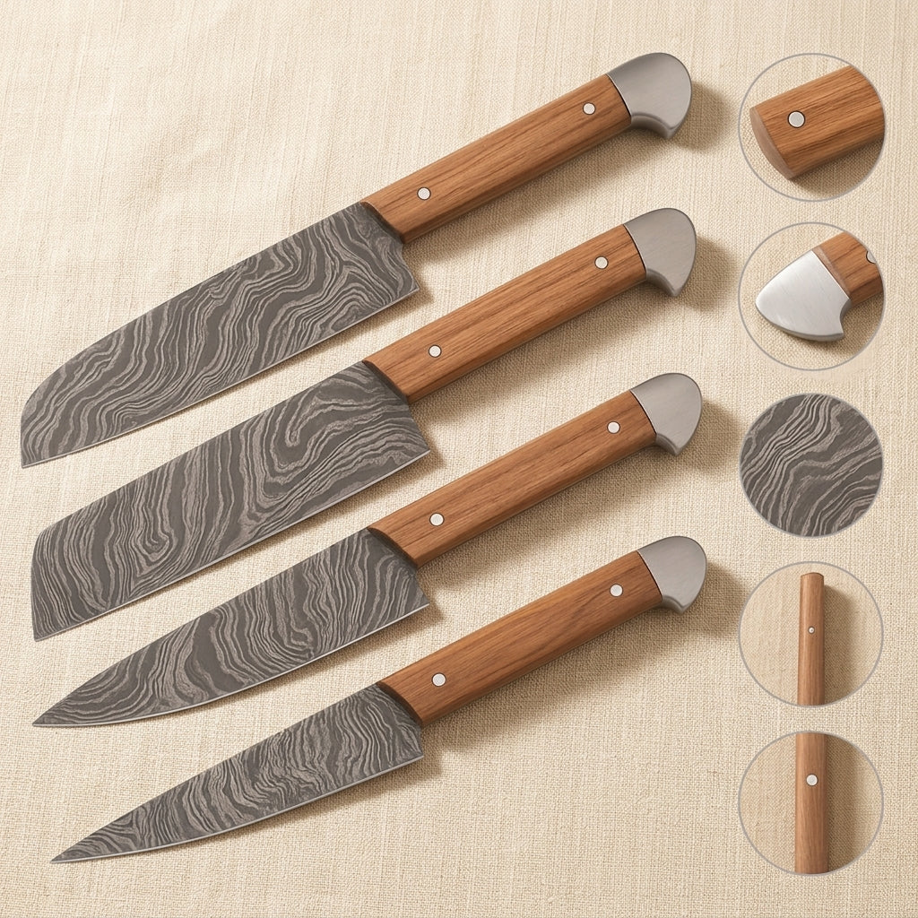 Four-Piece Damascus Chef's Knife Set with Rosewood Handles and Individual Leather Sheaths | Knife Set | Toolsmith Ltd UK