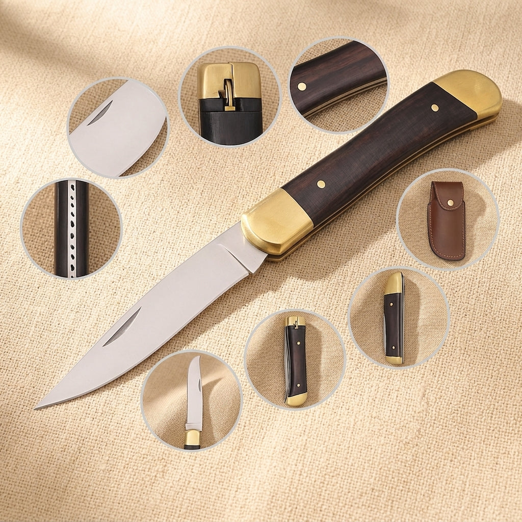 Micarta-Handled Folding Utility Knife with 101mm D2 Steel Blade and Leather Sheath | Utility Knife | Toolsmith Ltd UK