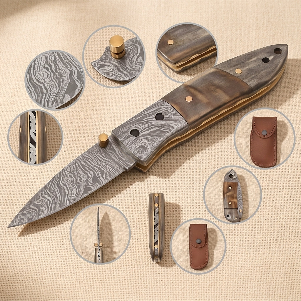 Damascus Steel Folding Knife (7.5") with Ram Horn Handle and Leather Sheath | Folding Knife | Toolsmith Ltd UK