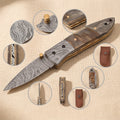 Damascus Steel Folding Knife (7.5") with Ram Horn Handle and Leather Sheath | Folding Knife | Toolsmith Ltd UK