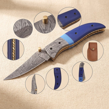 Damascus Steel Folding Knife with Blue Camel Bone Handle & Sheath, 191mm (7.5") | Folding Knife | Toolsmith Ltd UK
