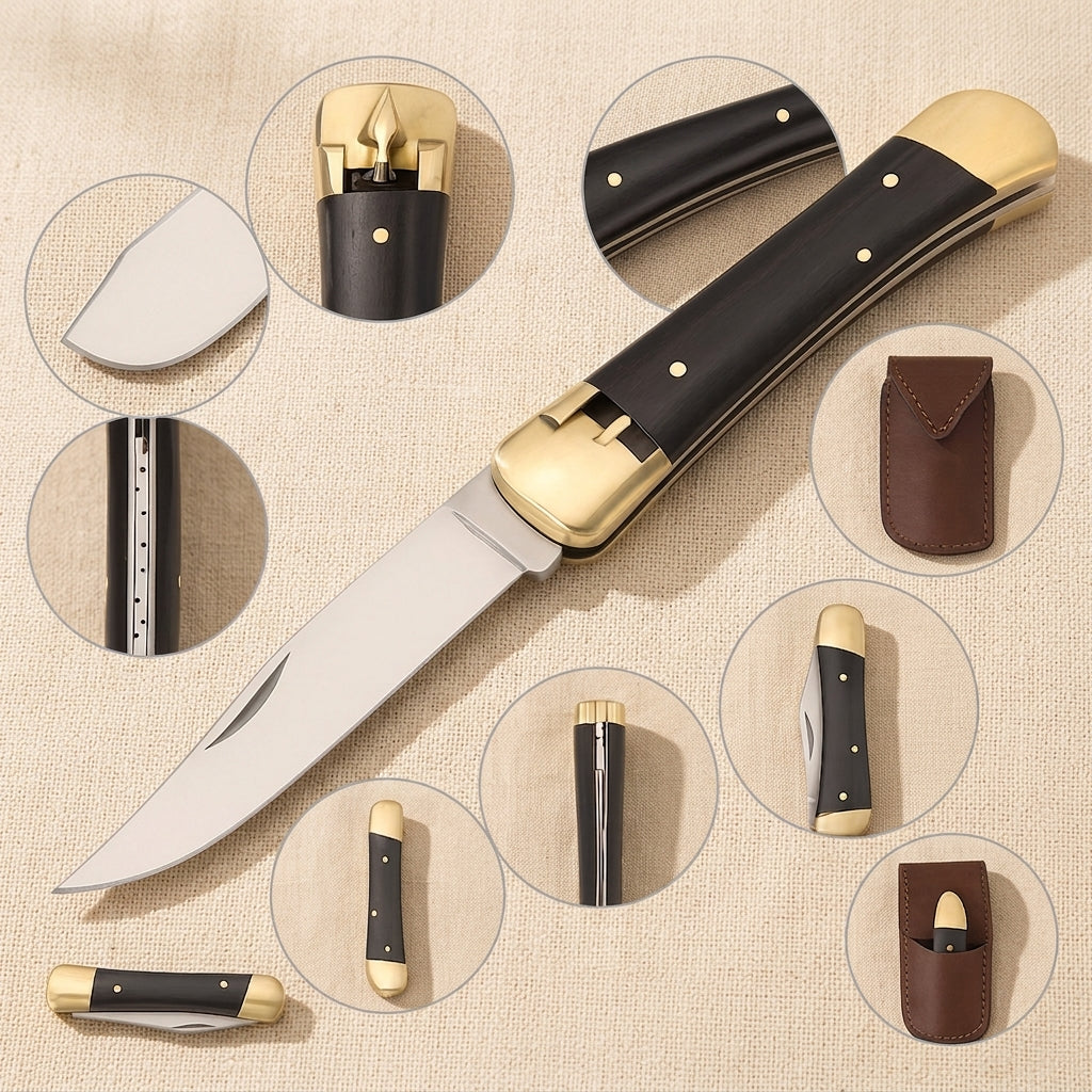Buffalo Horn Handled Folding Knife with 4.1-inch D2 Steel Blade and Leather Sheath | Folding Knife | Toolsmith Ltd UK