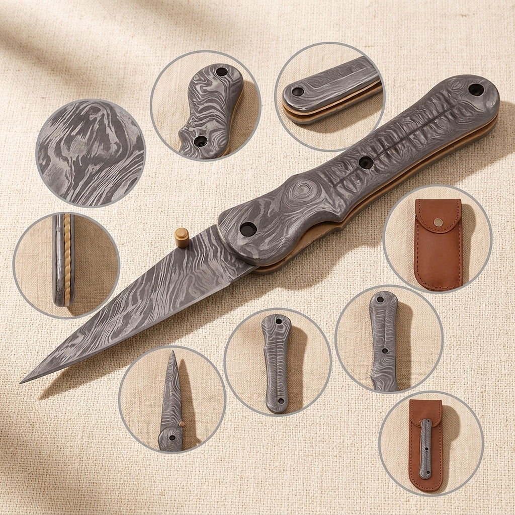 Damascus Steel Folding Knife (183mm) with Full Damascus Handle and Leather Sheath | Folding Knife | Toolsmith Ltd UK