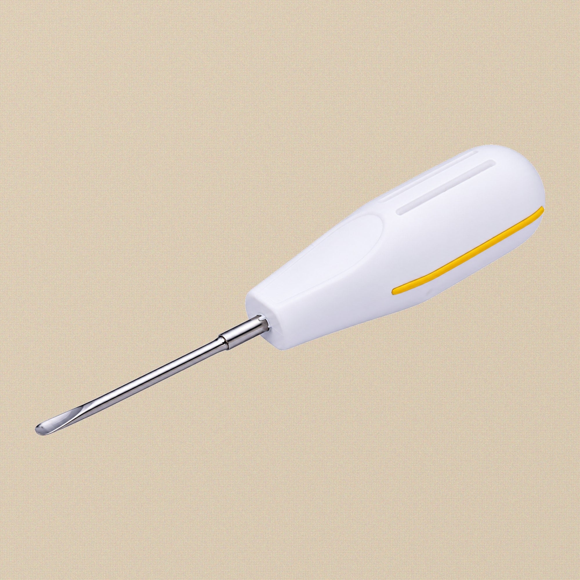 Straight 5 mm dental luxation elevator with yellow handle, shown against a white background.