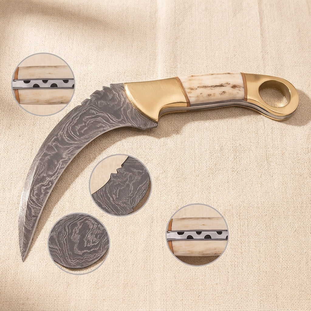 Hand-Forged Karambit Knife in Raindrop Damascus Steel with Red Deer Stag Handle | Knife | Toolsmith Ltd UK