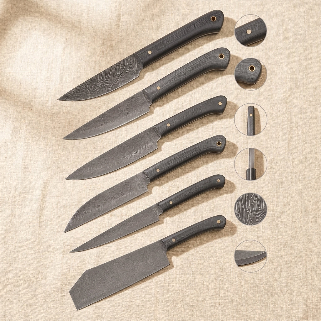 Damascus Steel 6-Piece Chef Knife Set with Black Micarta Handles & Leather Sheaths | Knife Set | Toolsmith Ltd UK