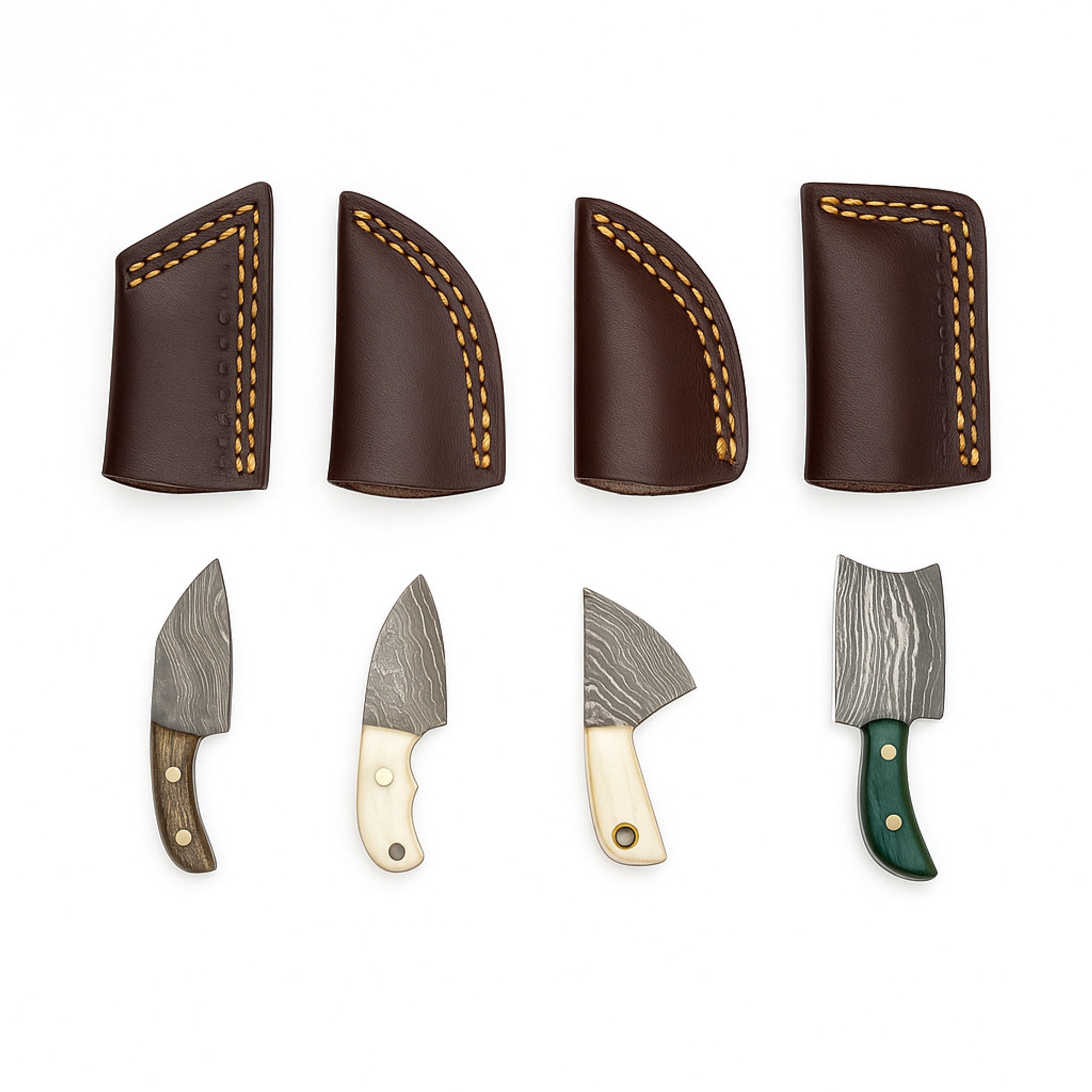 Miniature Damascus Steel Knife Set (4-Piece) with Mixed Handles and Leather Sheath | Knives & Blades | Toolsmith Ltd UK
