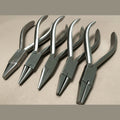 Full set of five 14 cm stainless steel orthodontic pliers, showing all head types against a white background.
