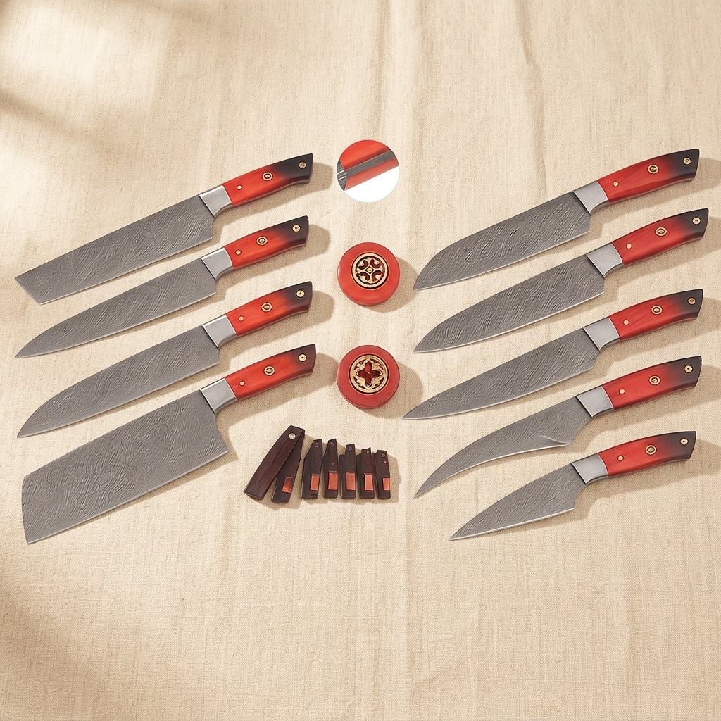 Hand-Forged Damascus Steel Kitchen Knife with Red Pakkawood Handle | Kitchen Knife | Toolsmith Ltd UK