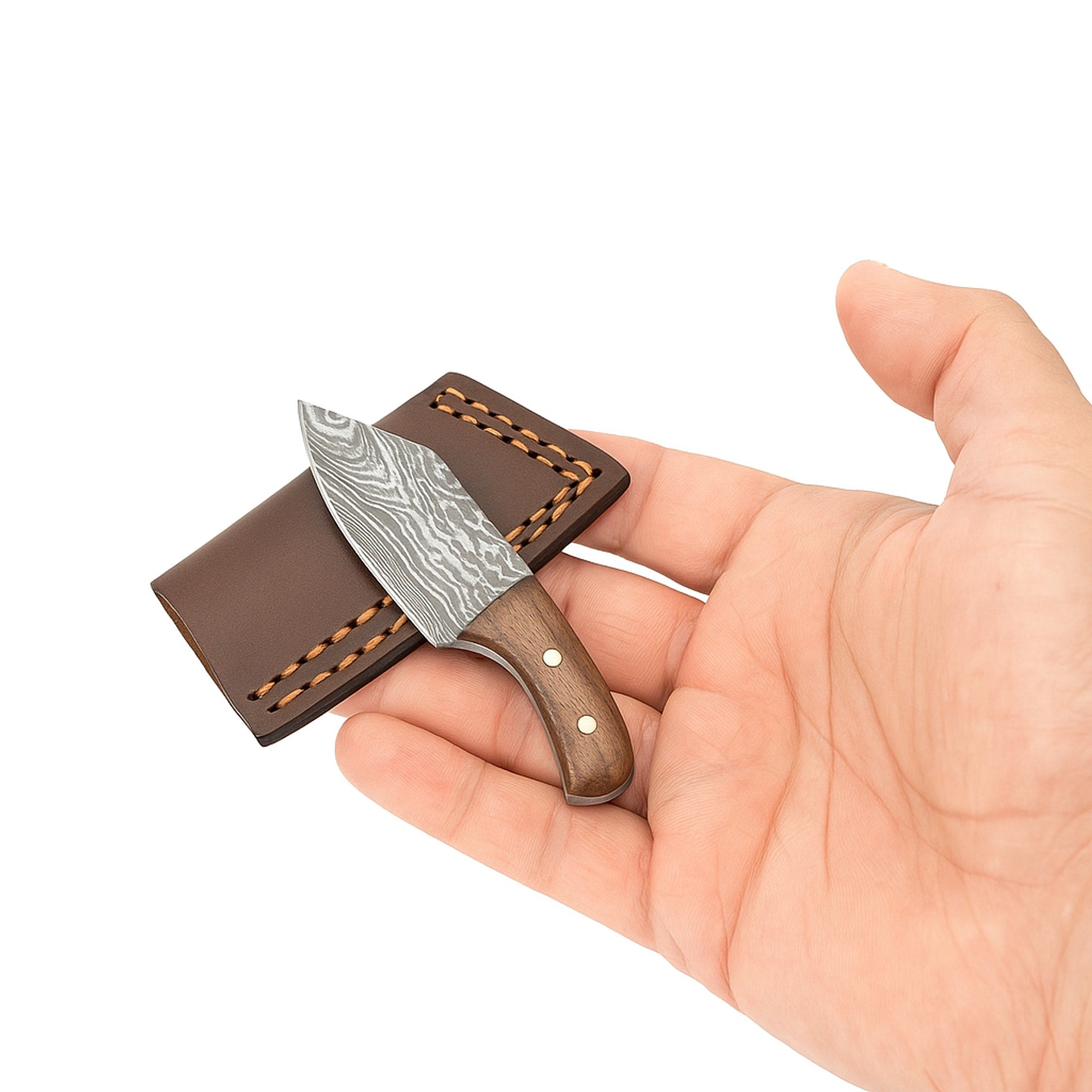 Miniature Damascus Skinner Knife, 50mm Blade, with Micarta Handle and Leather Sheath | Knife | Toolsmith Ltd UK