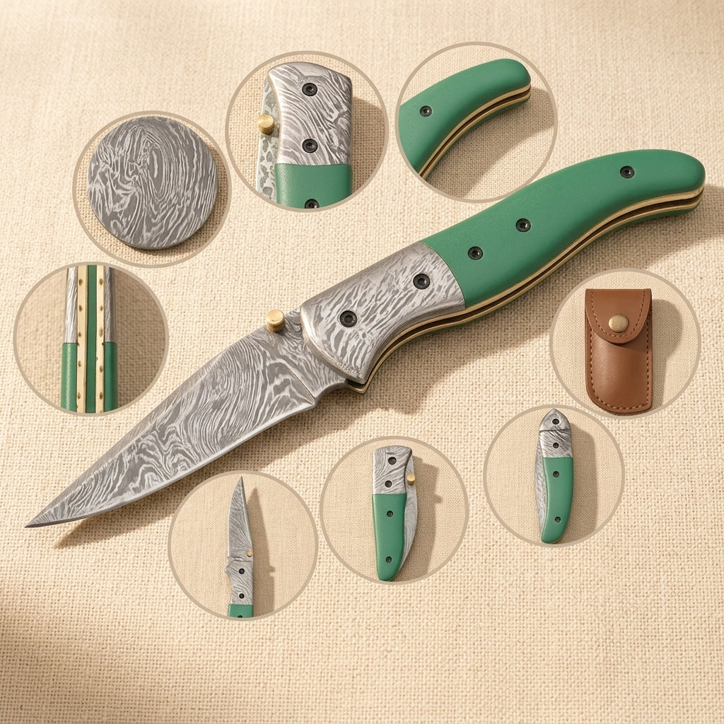 Damascus Steel Folding Knife, 86mm Fire-Pattern Blade, with Green Camel Bone Handle and Sheath | Folding Knife | Toolsmith Ltd UK