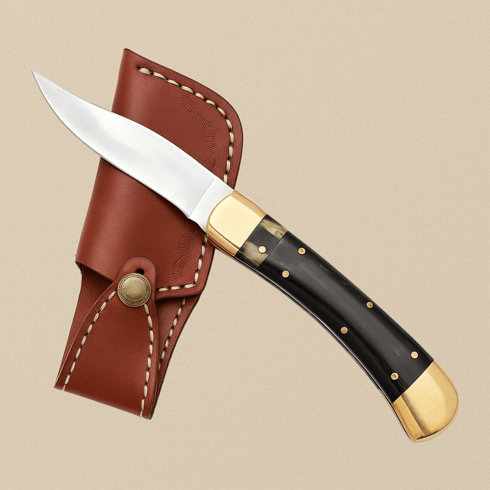 Buffalo Horn Handled Folding Knife with 4.1-inch D2 Steel Blade and Leather Sheath | Folding Knife | Toolsmith Ltd UK