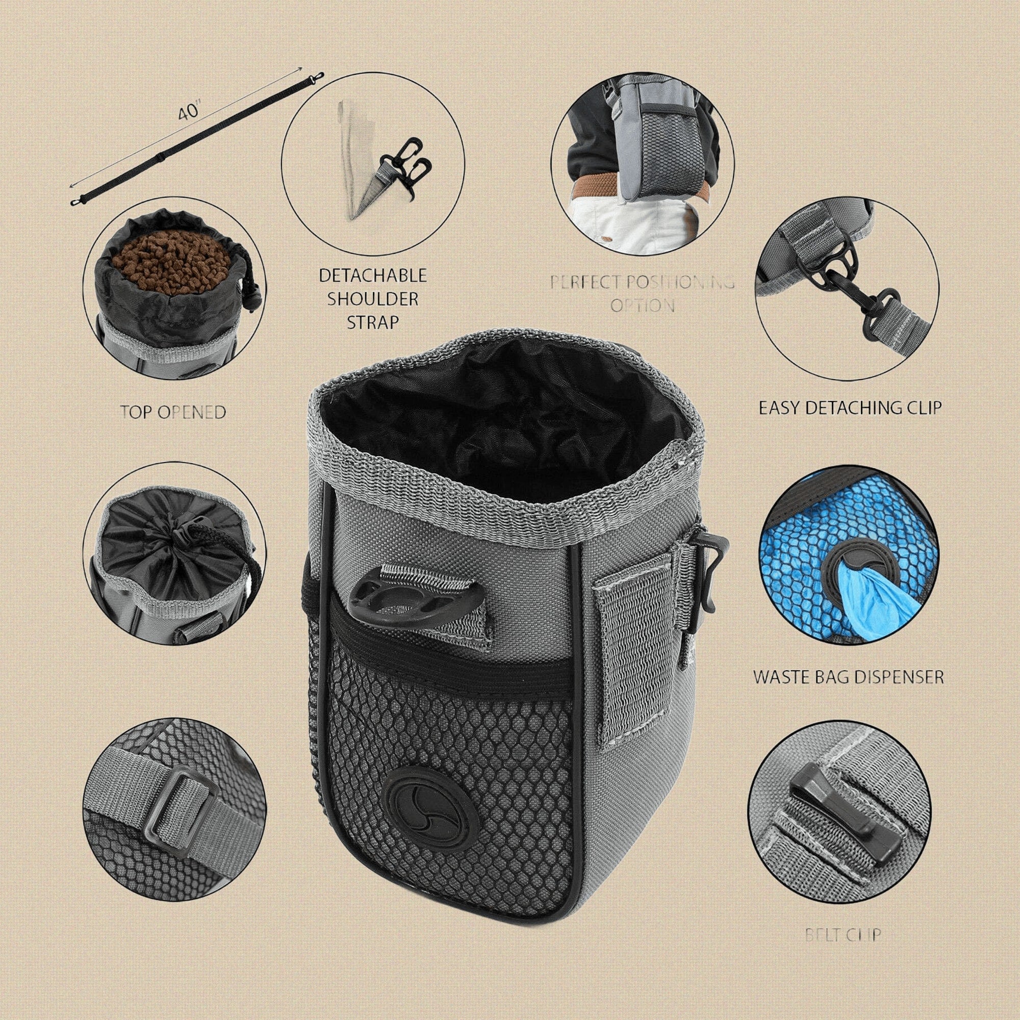Gray Pet Training Treat Pouch, Mesh 6 x 3 Inch Dog Cat Premium Reward Bag with Detachable Shoulder Strap, Waste Bag Dispenser, Belt Clip for Puppy Obedience Training | Pet Grooming Tools | Toolsmith Ltd UK