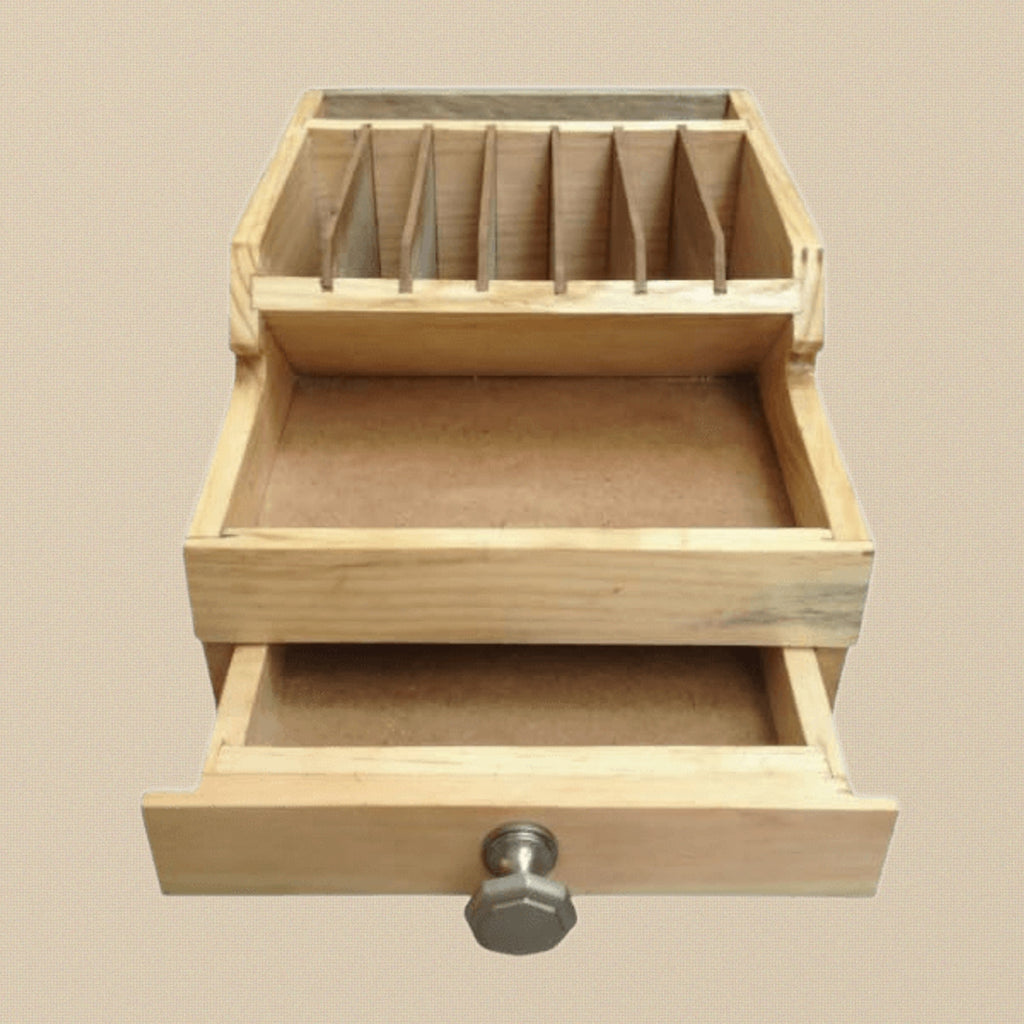 Wooden Pliers and Tools Rack with Storage Drawers, Bench Tool Organiser with 7 Compartments, Natural Wood, 16.5cm Wide x 19cm Deep x 9.5cm High | Jewellery Making Tools | Toolsmith Ltd UK