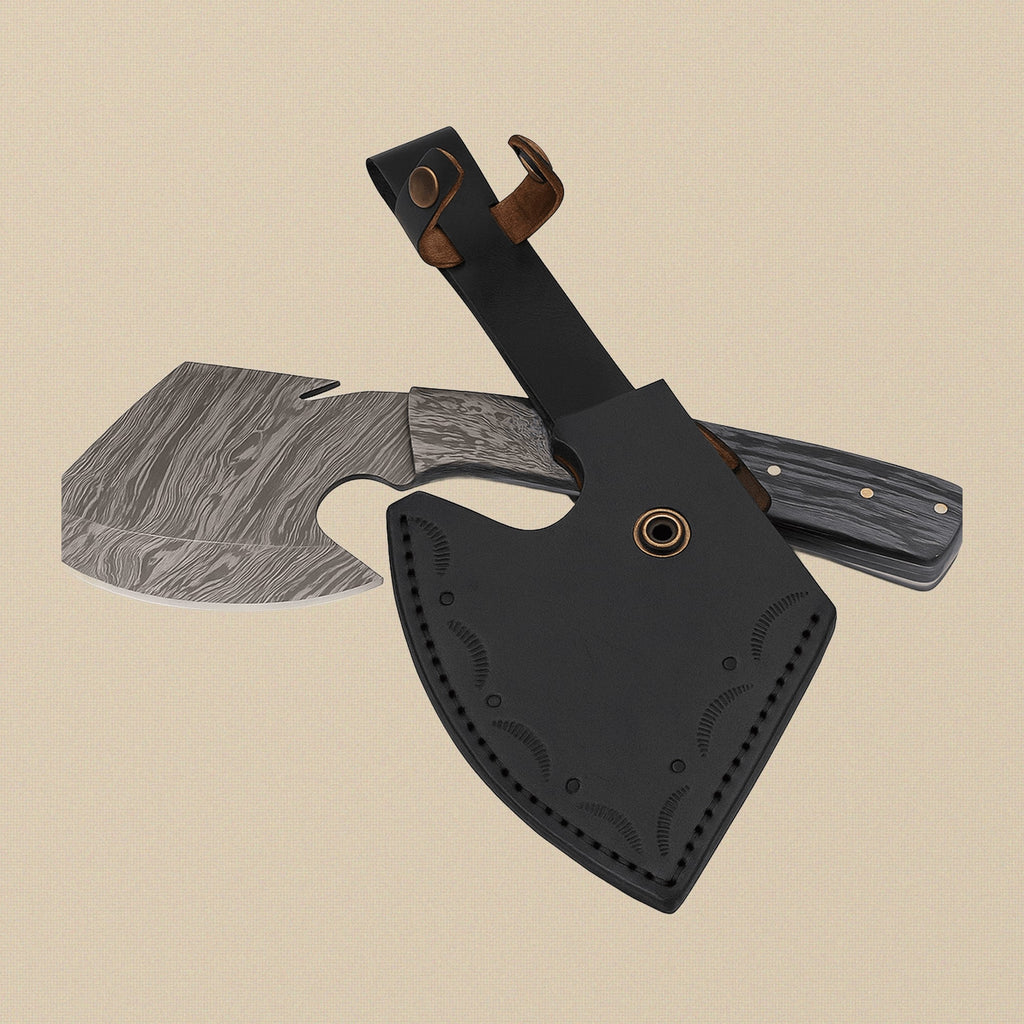 Damascus Steel Axe, 11-inch (279 mm), with Wood Handle and Leather Sheath | Axe | Toolsmith Ltd UK
