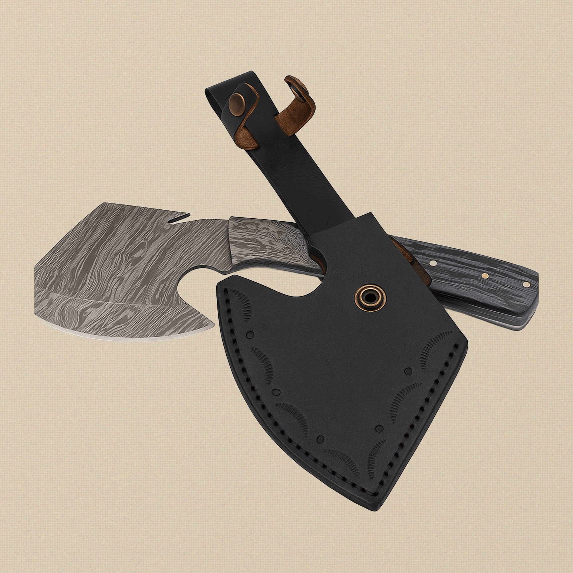 Damascus Steel Axe, 11-inch (279 mm), with Wood Handle and Leather Sheath | Axe | Toolsmith Ltd UK