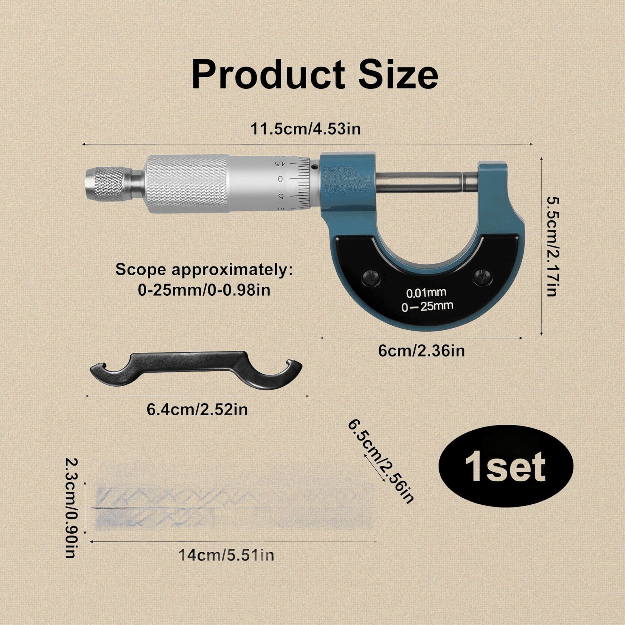 Outside Micrometer 0-25mm, High Precision Metric Measurement Tool, 0.01mm Graduations, Metal Construction with Storage Case | Jewellery Making Tools | Toolsmith Ltd UK