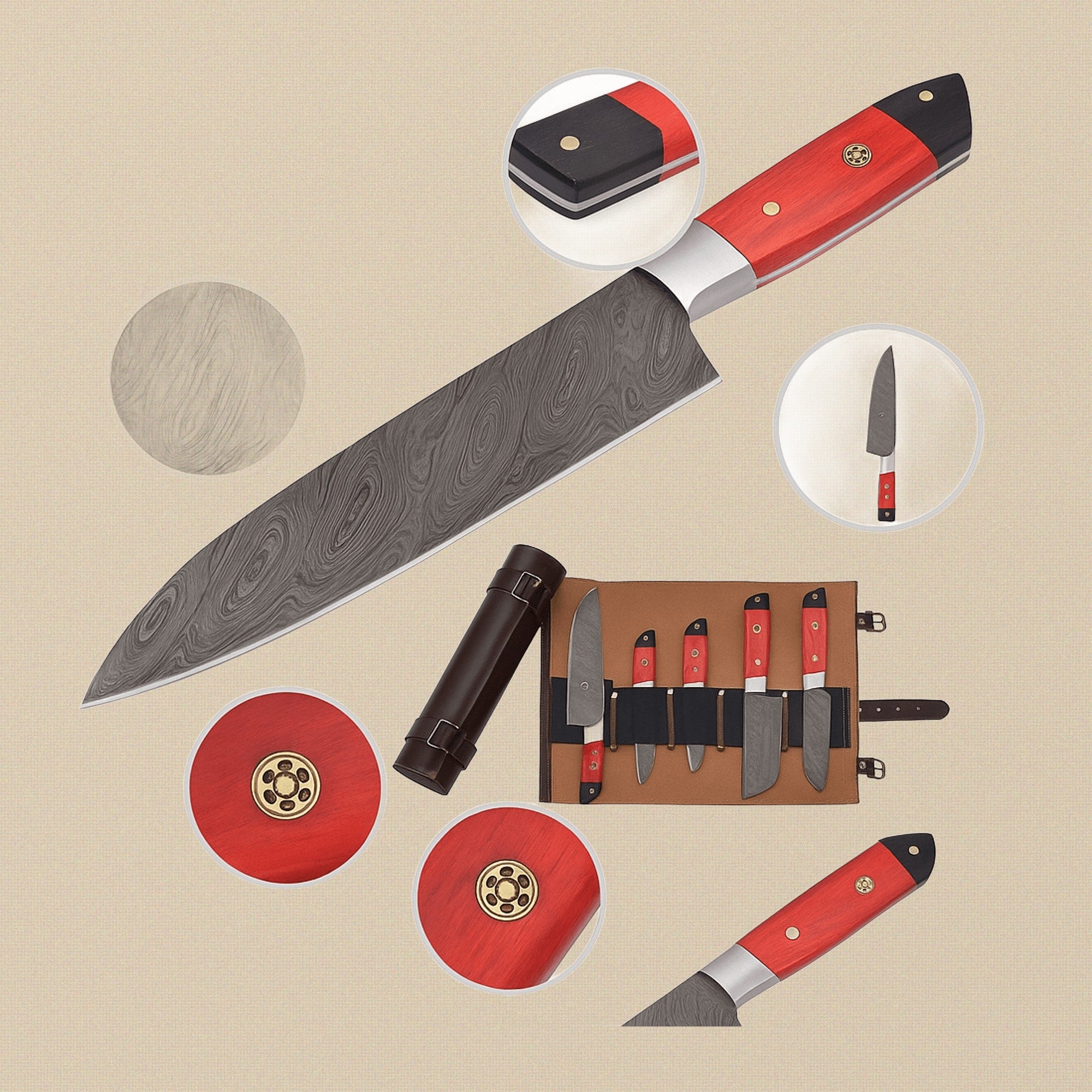 Hand-Forged Damascus Steel Kitchen Knife with Red Pakkawood Handle | Kitchen Knife | Toolsmith Ltd UK