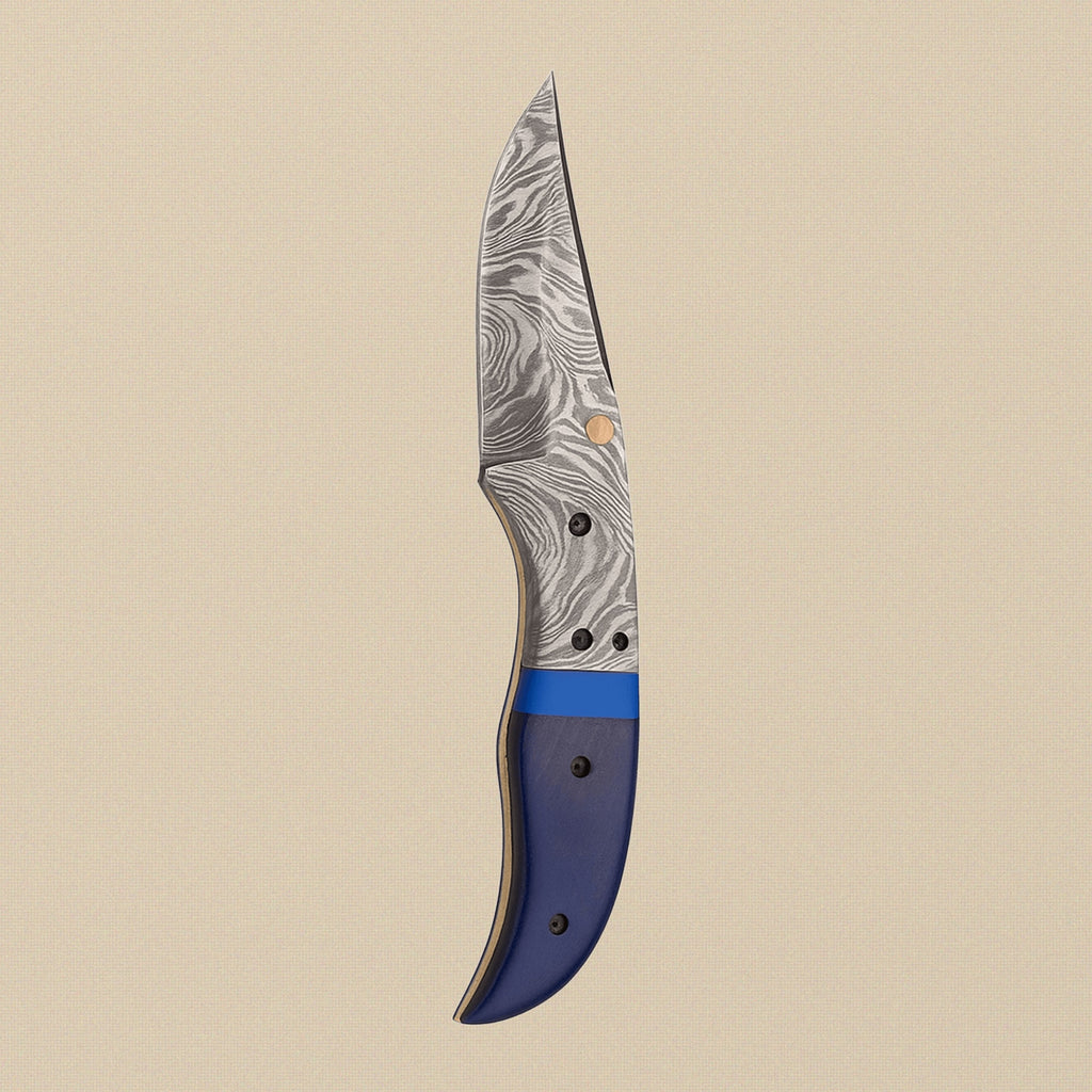 Damascus Steel Folding Knife with Blue Camel Bone Handle & Sheath, 191mm (7.5") | Folding Knife | Toolsmith Ltd UK