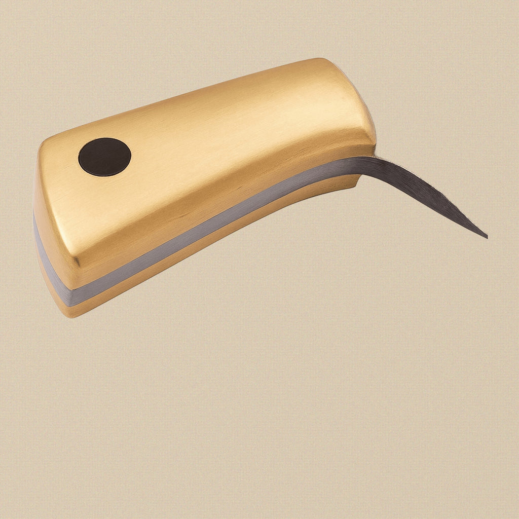 Miniature Damascus Skinner Knife, 66mm Brass-Handled, with Leather Sheath | Miniature Knife | Toolsmith Ltd UK