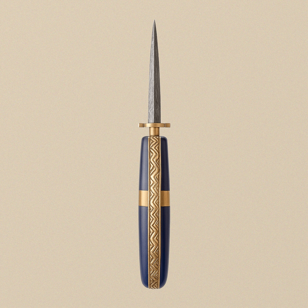 Damascus Steel Folding Knife with Blue Camel Bone Handle & Sheath, 7.5" (190mm) | Folding Knife | Toolsmith Ltd UK