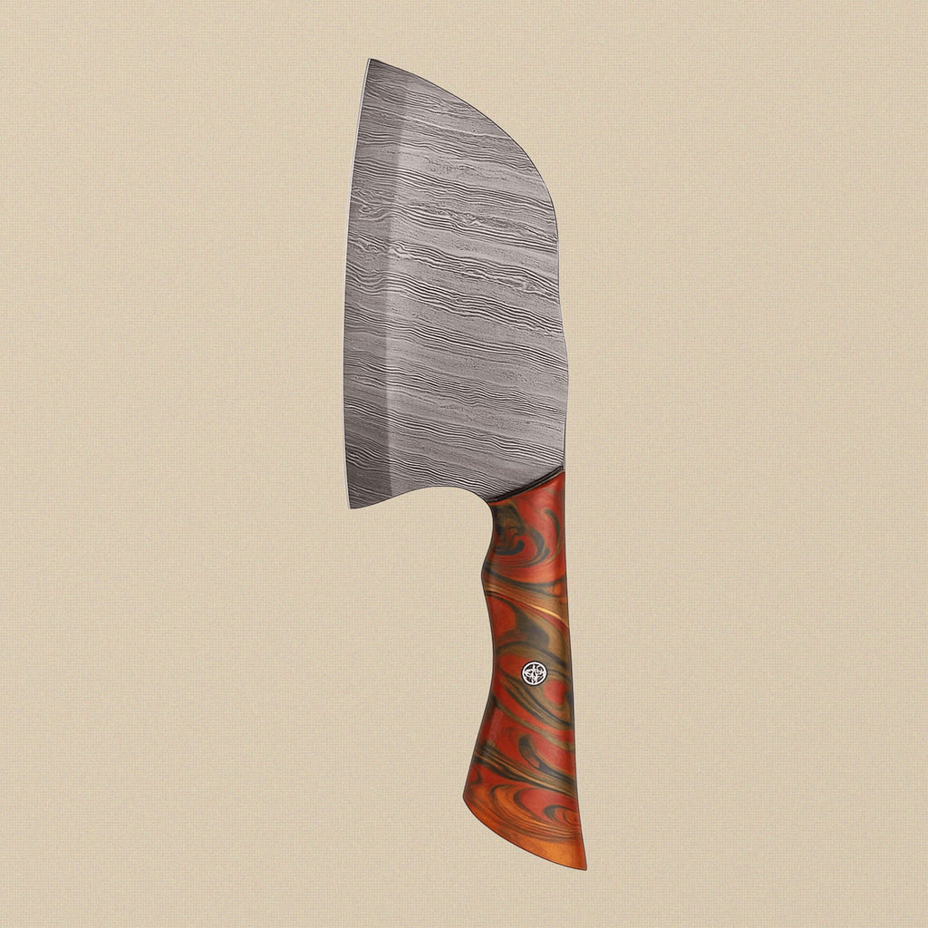 Damascus Steel Cleaver with 165mm Blade, Horn Handle and Leather Sheath | Cleaver | Toolsmith Ltd UK