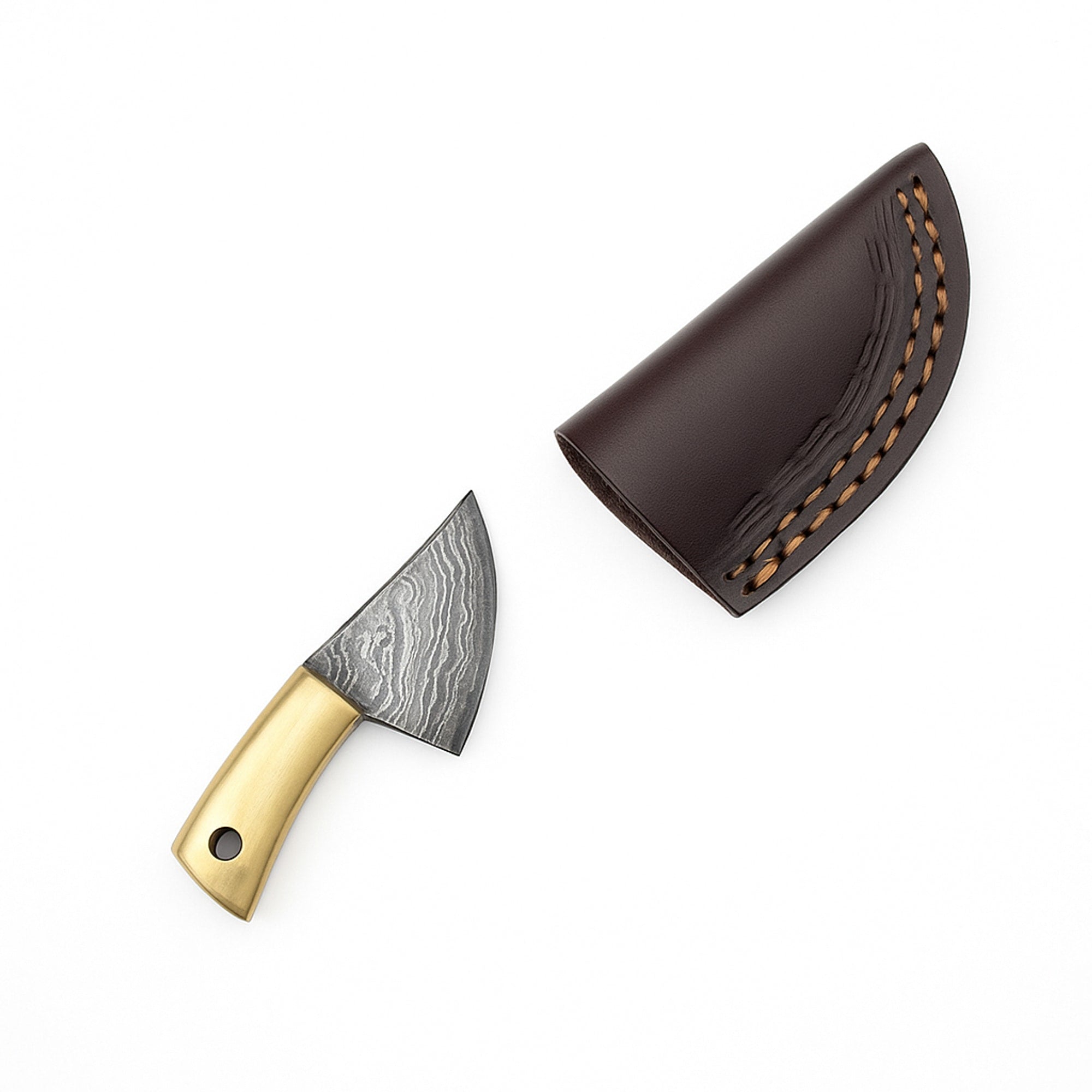 Miniature Damascus Skinner Knife, 66mm Brass-Handled, with Leather Sheath | Miniature Knife | Toolsmith Ltd UK