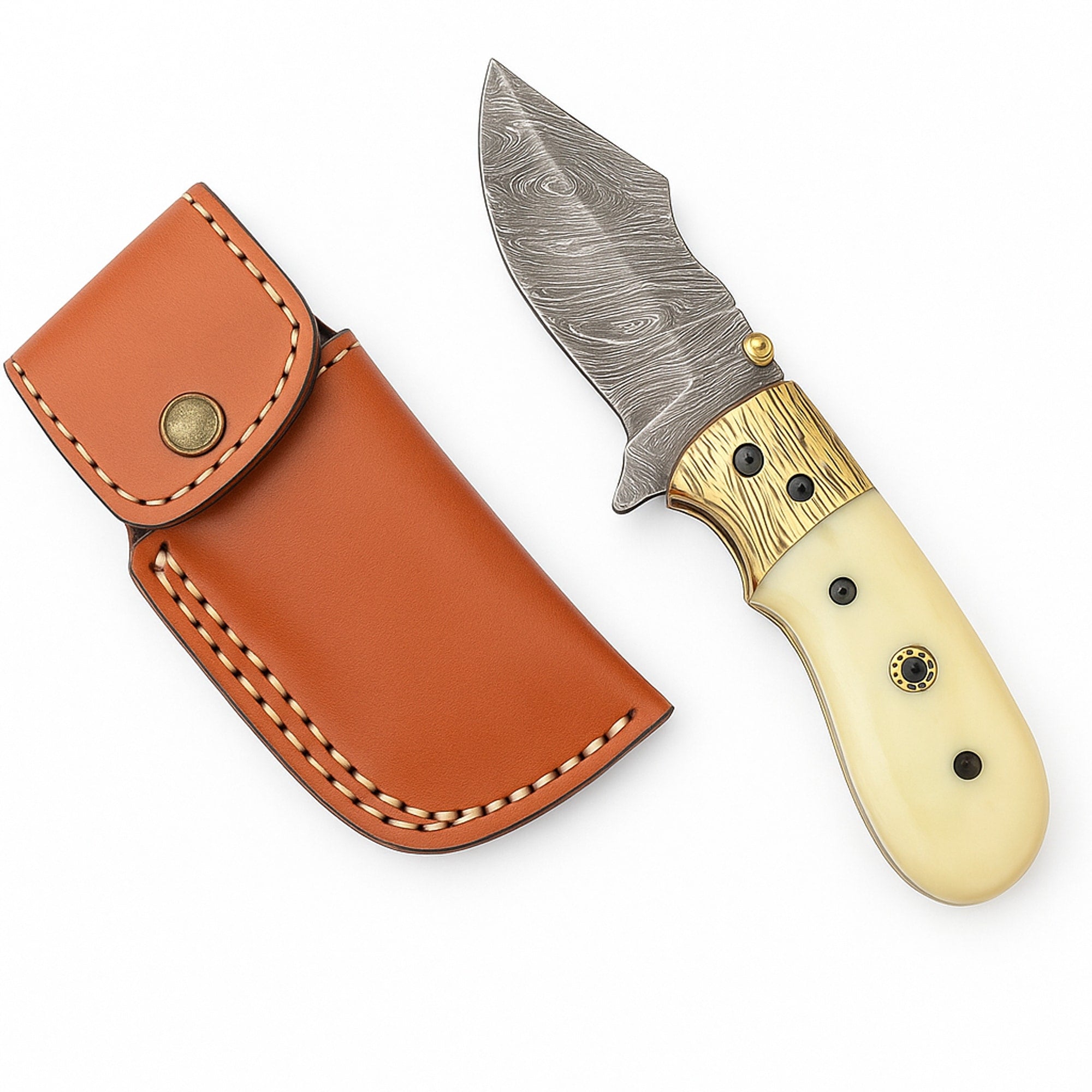 Folding Pocket Knife, 171 mm Damascus Steel, Bone-Handled with Leather Sheath | Knife | Toolsmith Ltd UK