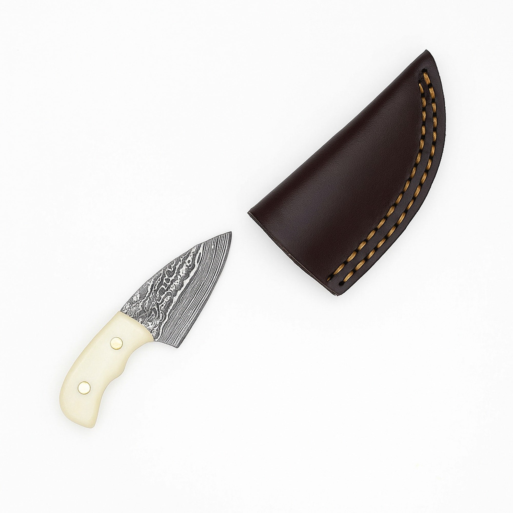 Miniature Damascus Skinner Knife, 76mm, Bone-Handled with Leather Sheath | Miniature Knife | Toolsmith Ltd UK