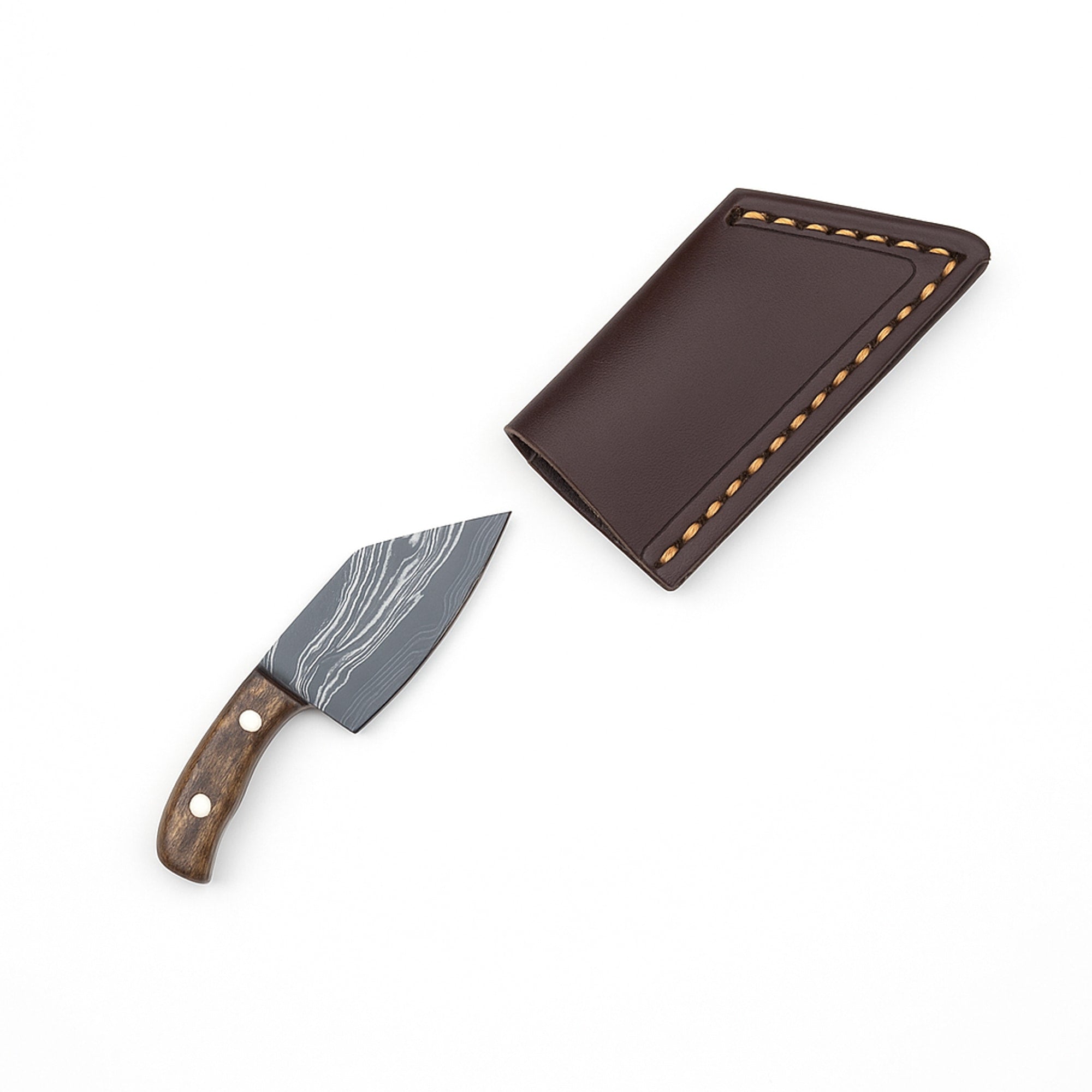 Miniature Damascus Skinner Knife, 50mm Blade, with Micarta Handle and Leather Sheath | Knife | Toolsmith Ltd UK