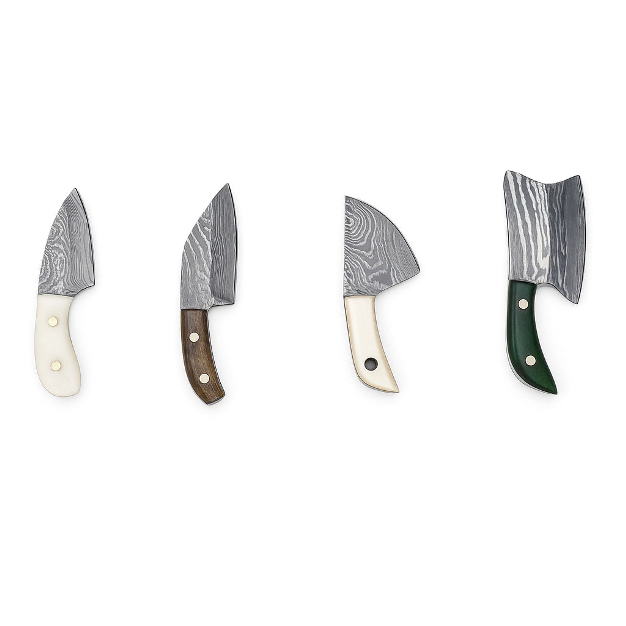 Miniature Damascus Steel Knife Set (4-Piece) with Mixed Handles and Leather Sheath | Knives & Blades | Toolsmith Ltd UK
