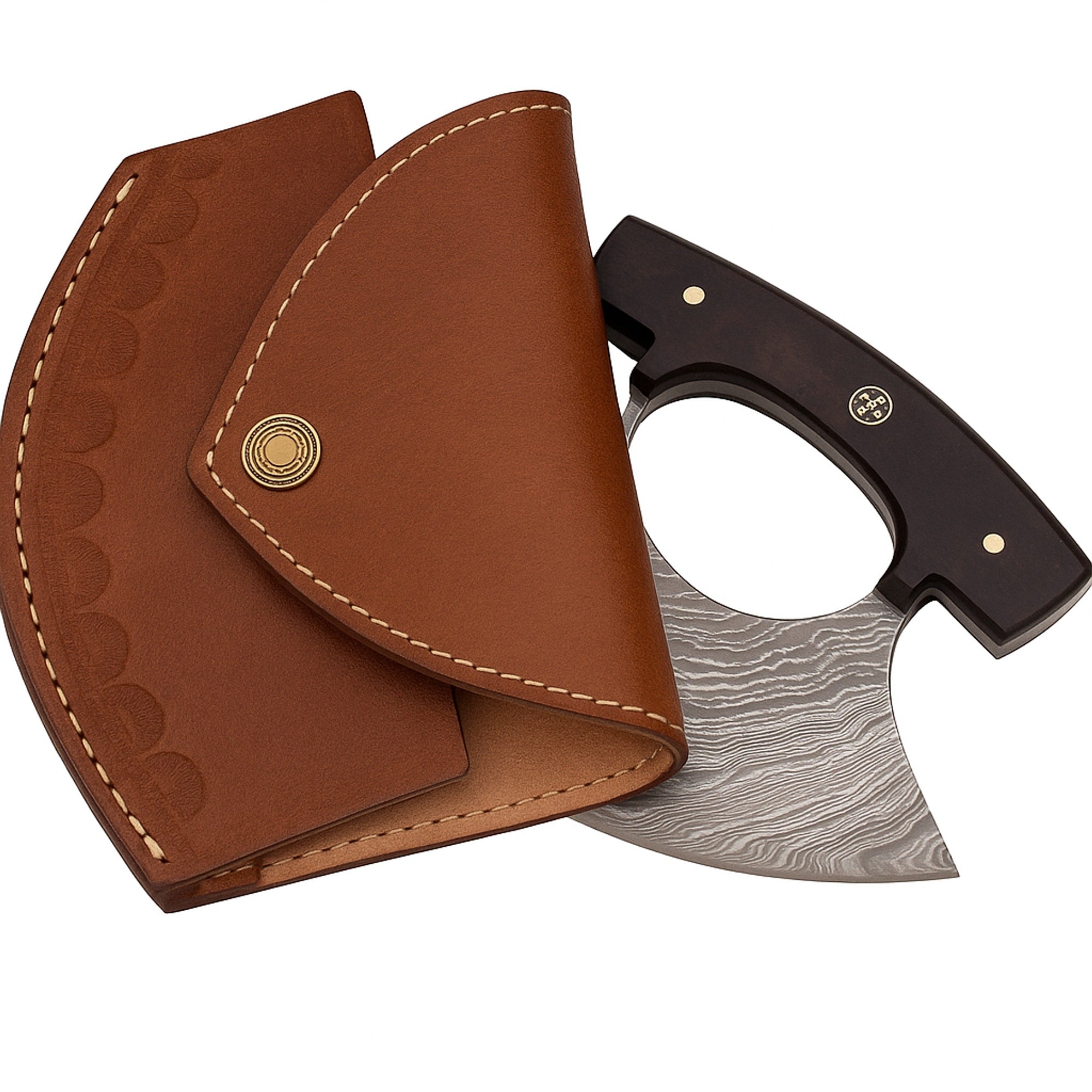 Ulu Knife with 6-inch Damascus Steel Blade, Rosewood Handle and Leather Sheath | Ulu Knife | Toolsmith Ltd UK