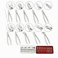 10-piece extraction forceps set chart with jaw close-ups, a fenestrated handle inset and the red case