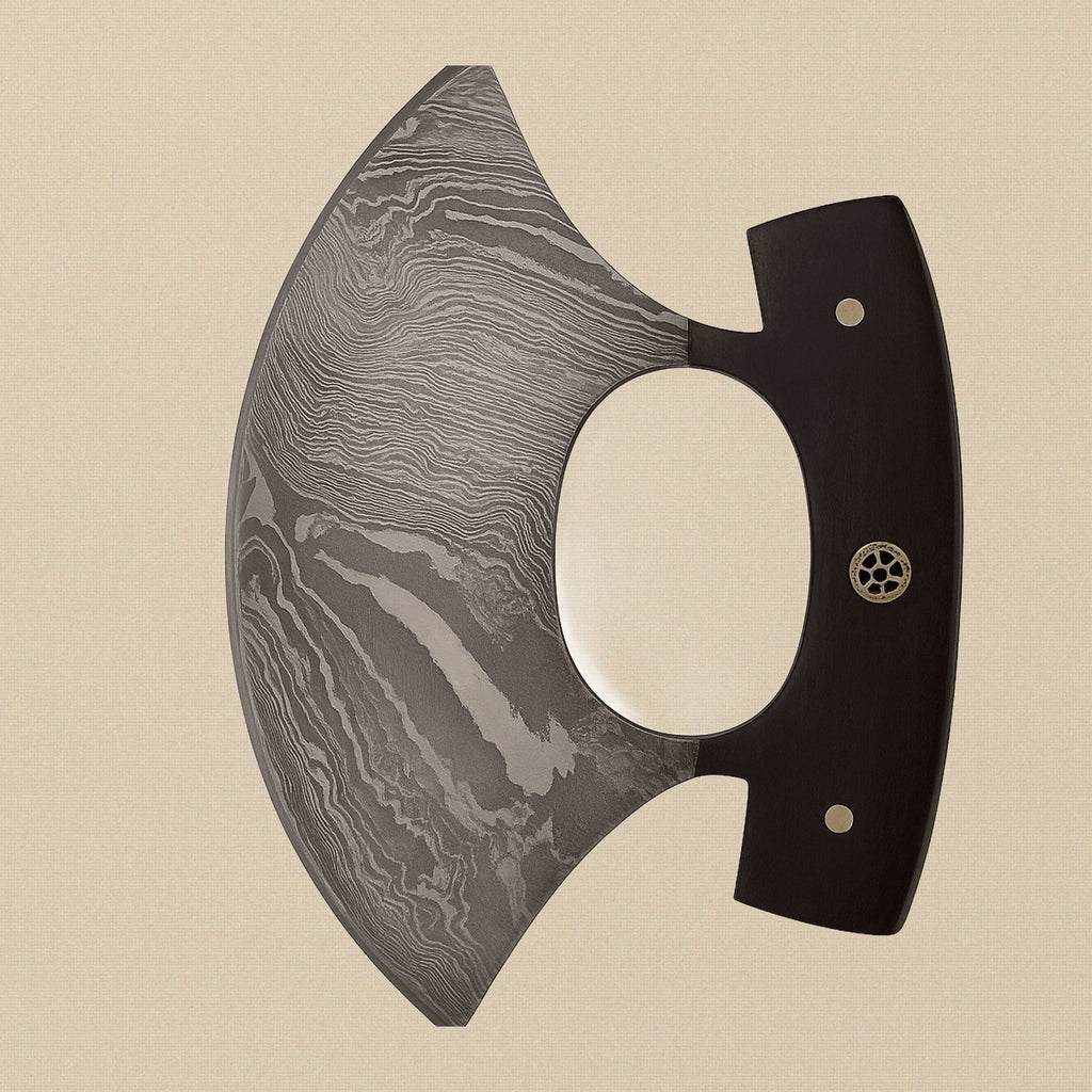 Ulu Knife with 6-inch Damascus Steel Blade, Rosewood Handle and Leather Sheath | Ulu Knife | Toolsmith Ltd UK