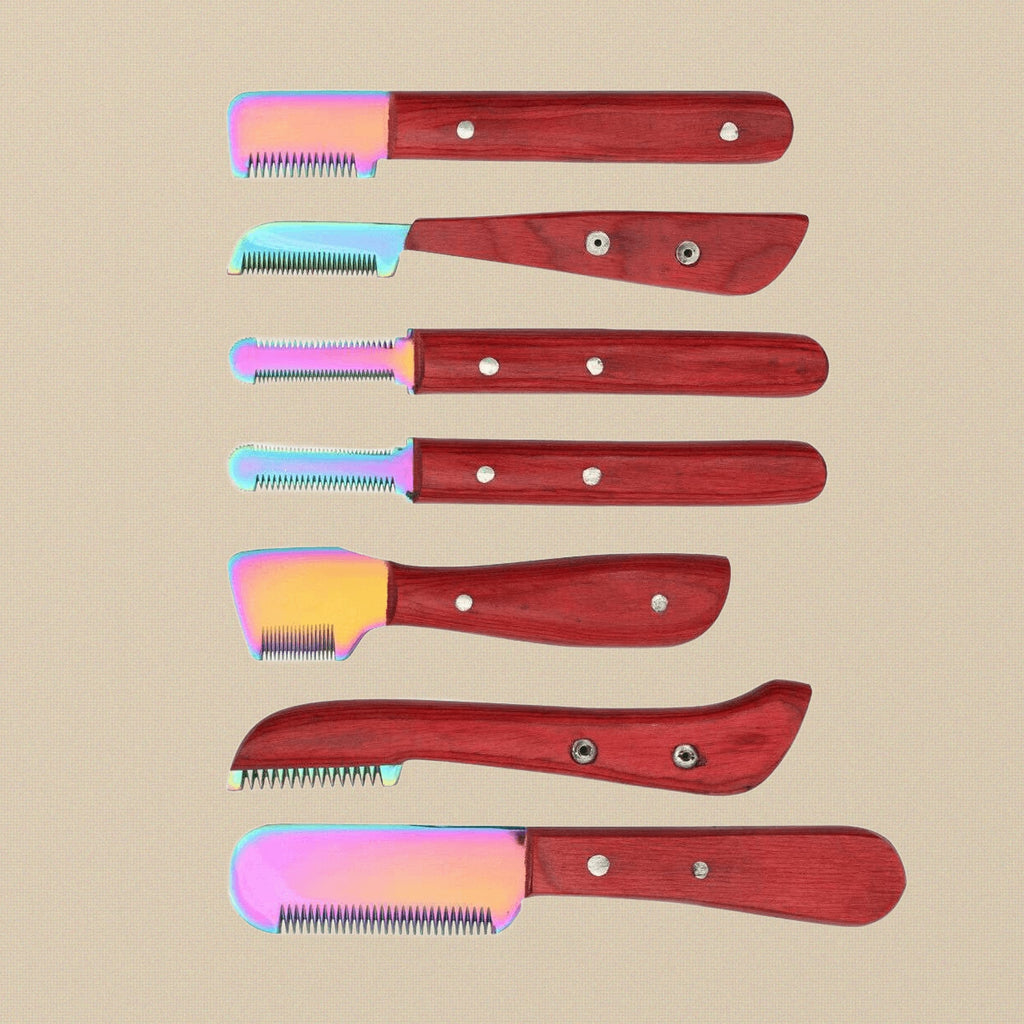 6-Piece Red Multi Blade Pet Grooming Stripping Knife Set, Stainless Steel Right Handed Combs, Wood Handle, Dog Cat Brushes with Storage Box | Pet Grooming Tools | Toolsmith Ltd UK