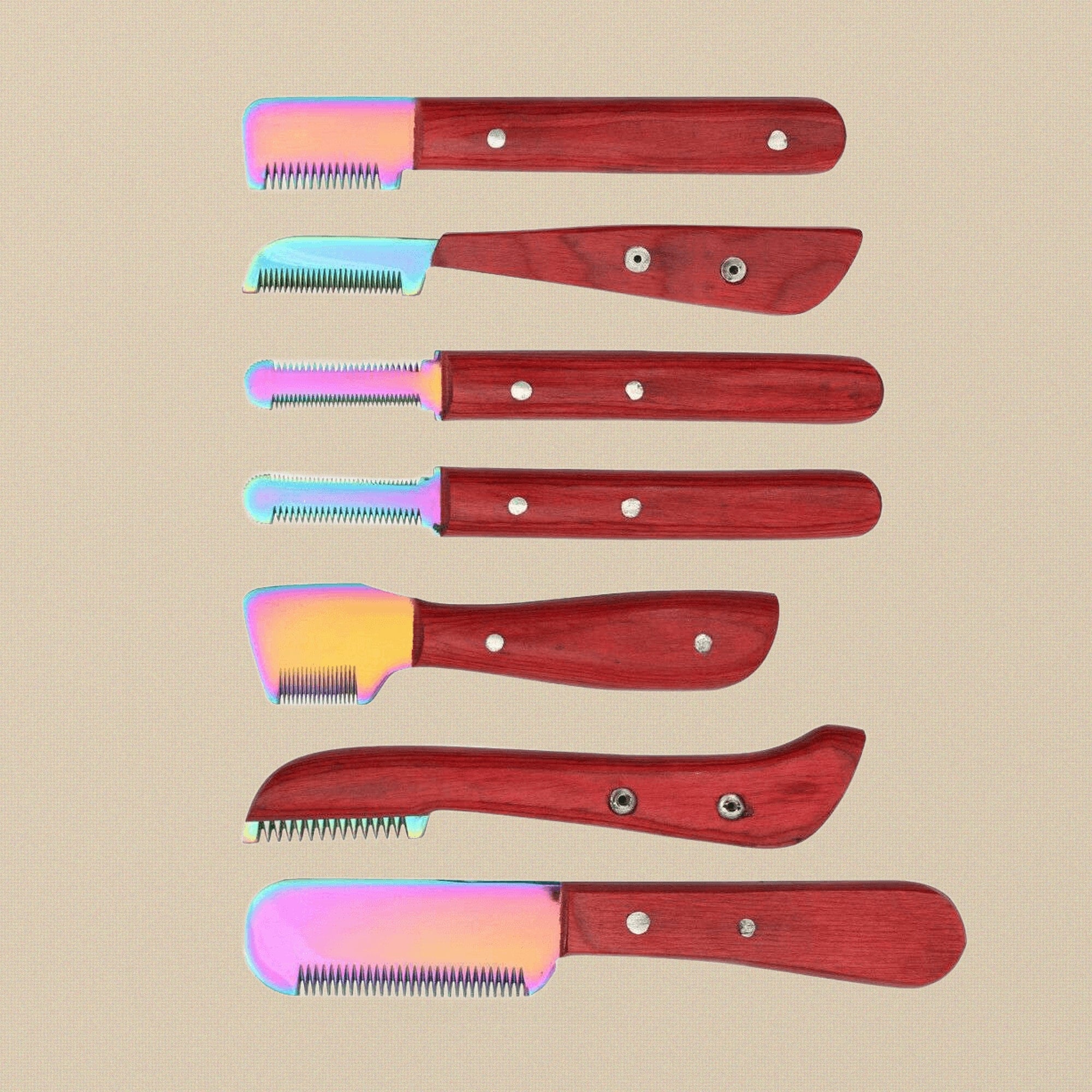 6-Piece Red Multi Blade Pet Grooming Stripping Knife Set, Stainless Steel Right Handed Combs, Wood Handle, Dog Cat Brushes with Storage Box | Pet Grooming Tools | Toolsmith Ltd UK