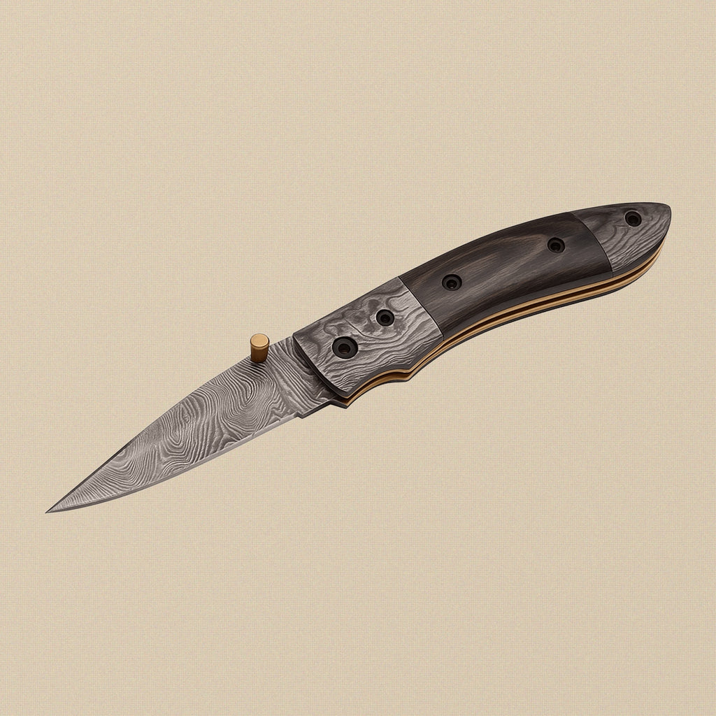 Buffalo Horn Handled Folding Knife with 76mm Damascus Steel Blade and Leather Sheath | Folding Knife | Toolsmith Ltd UK