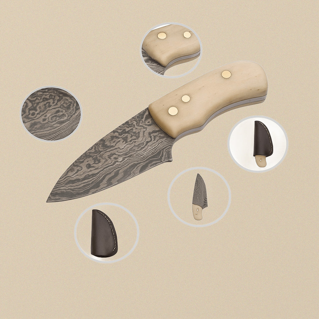 Miniature Damascus Skinner Knife, 76mm, Bone-Handled with Leather Sheath | Miniature Knife | Toolsmith Ltd UK