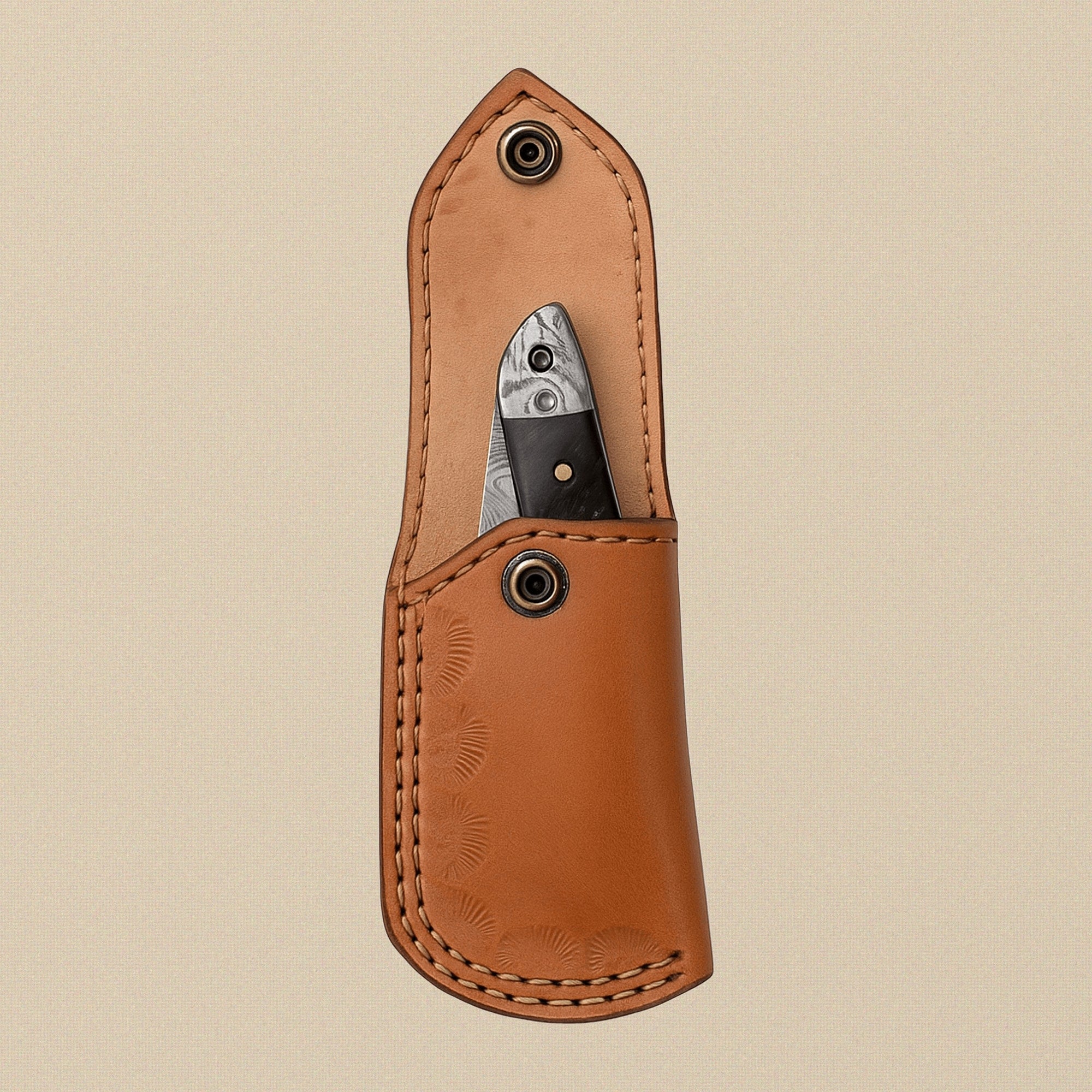 Damascus Steel Folding Knife with Black Ram Horn Handle & Leather Sheath, 7.5-inch | Folding Knife | Toolsmith Ltd UK