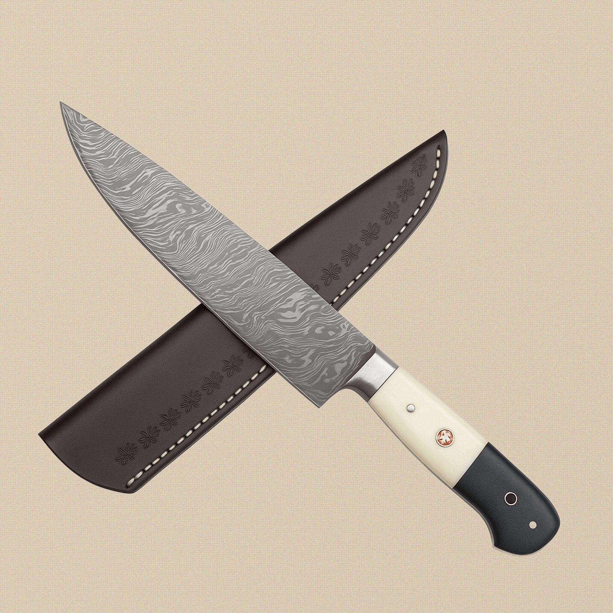 8-Piece Damascus Steel Chef Knife Set with Camel Bone & Micarta Handles and Leather Sheaths | Knife Set | Toolsmith Ltd UK