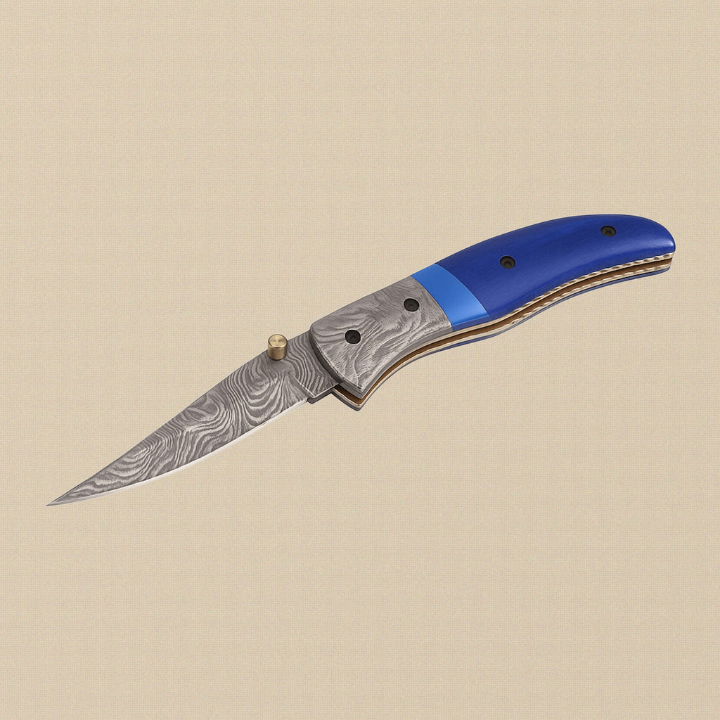 Damascus Steel Folding Knife with Blue Camel Bone Handle & Sheath, 191mm (7.5") | Folding Knife | Toolsmith Ltd UK