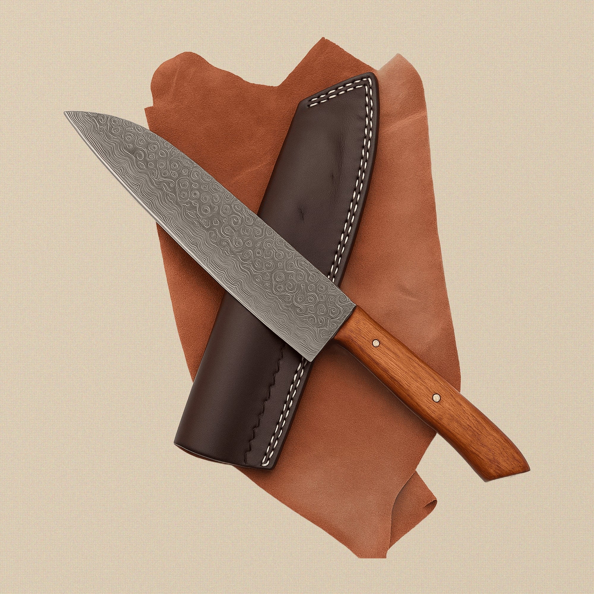 Four-Piece Damascus Chef Knife Set with Rosewood Handles and Leather Sheaths | Chef Knife Set | Toolsmith Ltd UK